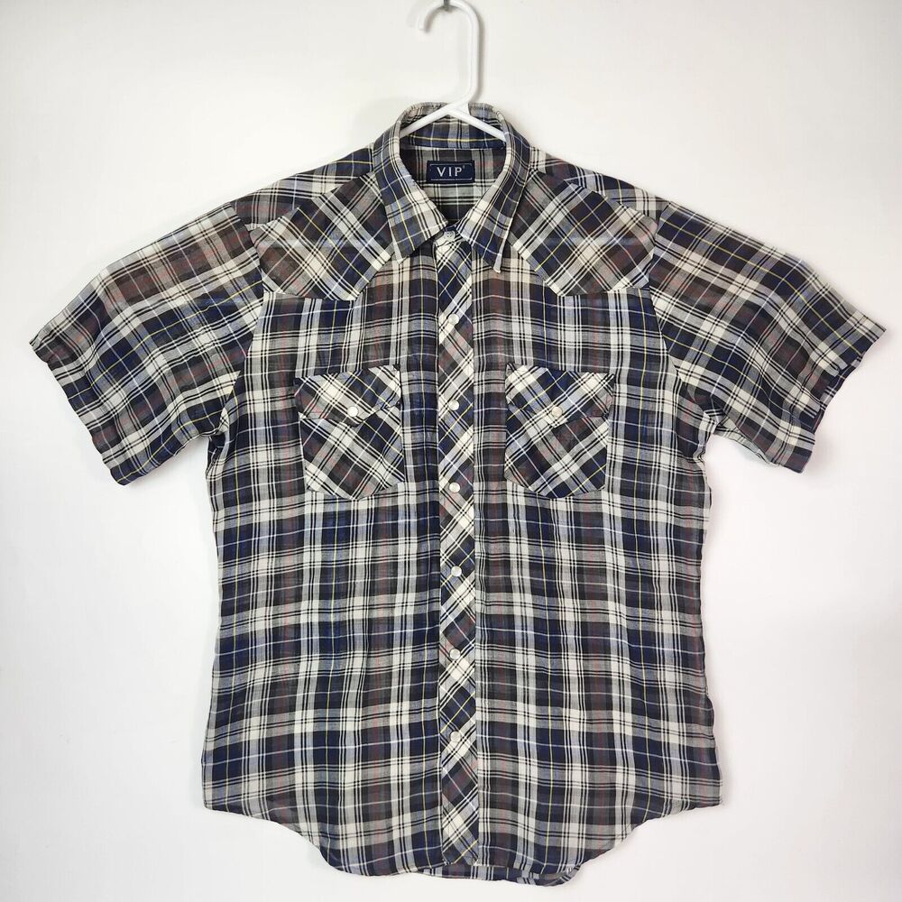 Vtg Western Shirt Mens Sz M Pearl Snapped Buttons Plaid Yokes Chore Cowboy Rodeo